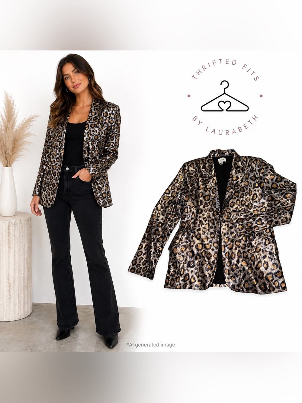 Aura Women's Leopard Print Sequins Blazer Jacket - Gold/Black